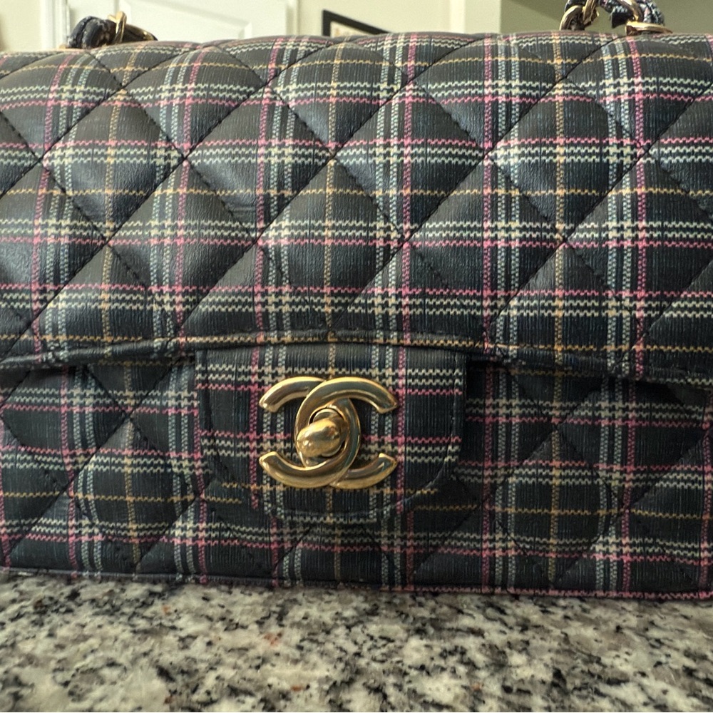 Chanel Plaid Quilted Shoulder Bag in Black and Pink